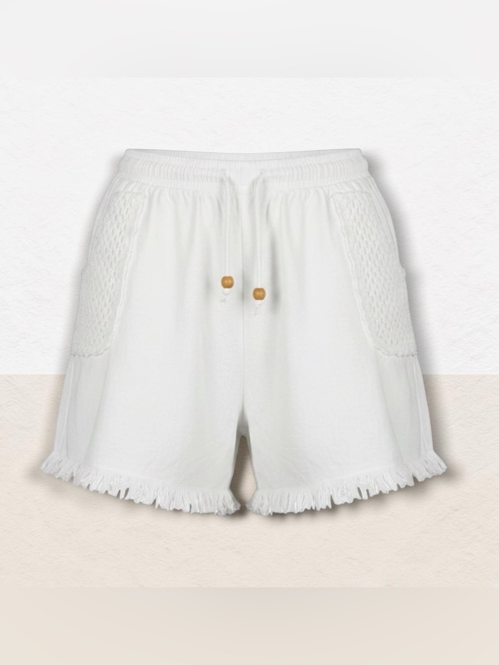 Cotton Natural Fiji Shorts. Women's White Fringe-Hem Knit-Trim Shorts